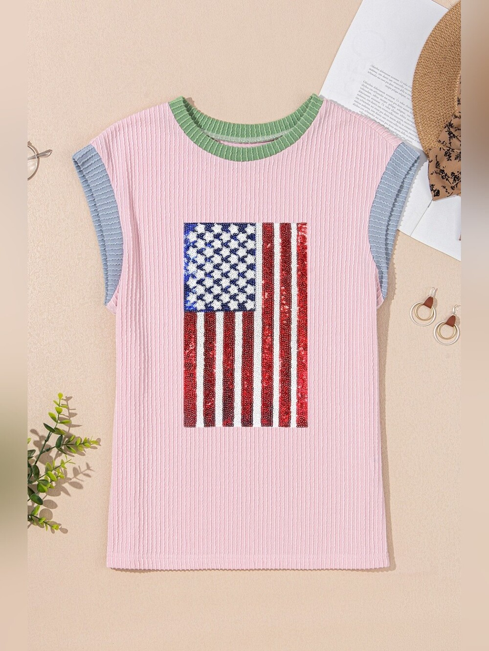 Pink Sleeveless Ribbed Tank with Sequin American Flag - Picture 6 of 10